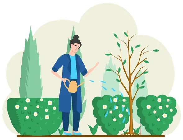 Female gardener watering plants Illustration