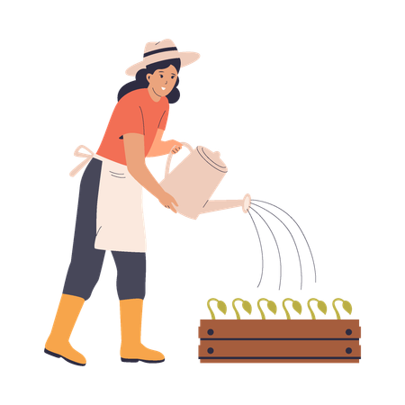 Female Gardener Watering Plants  Illustration