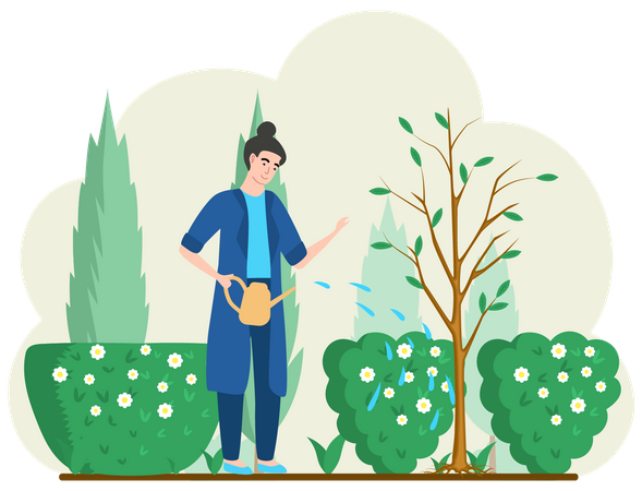 Female gardener watering plants  Illustration