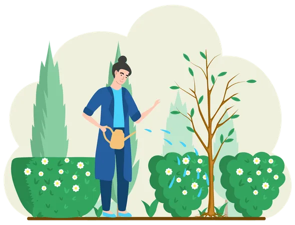 Female gardener watering plants  Illustration