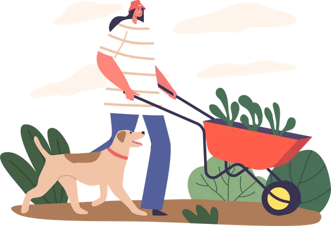 Woman Gardener Character Tending To Her Garden With A Wheelbarrow Surrounded By Lush Greenery Epitomizing The Beauty Of Nature And Nurturing In Company Of Her Dog Cartoon People Vector Illustration Illustration