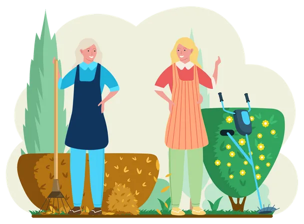 Female gardeners working in garden  Illustration