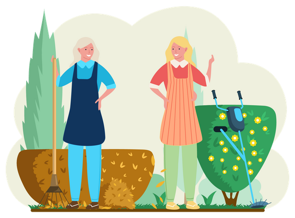 Female gardeners working in garden  Illustration