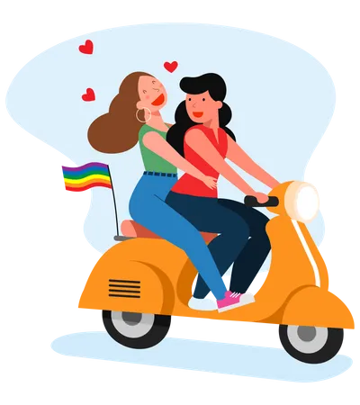 Female gay couple riding scooter together Illustration