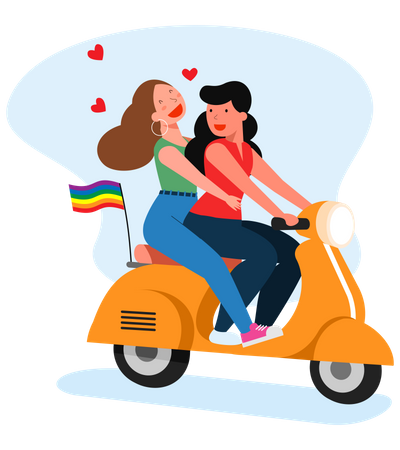 Female gay couple riding scooter together  Illustration