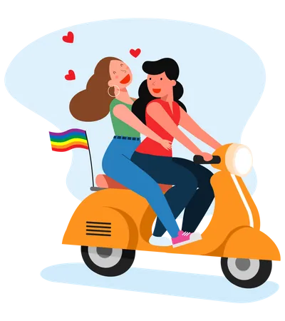 Female gay couple riding scooter together  Illustration