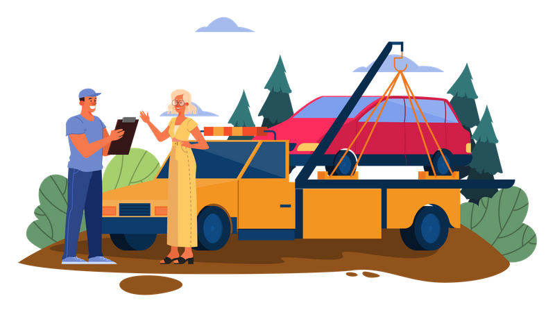 Female get help to transported her damaged car  イラスト