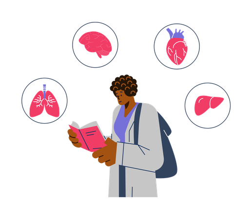 Female girl in medical gown reading textbook  Illustration