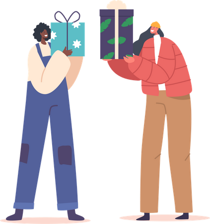 Female Giving Presents to Each Other for Festive Illustration