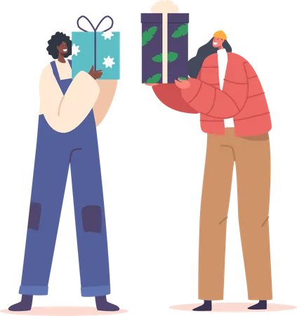 Female Giving Presents to Each Other for Festive Illustration