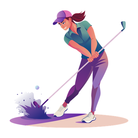 Female golfer finding ball in bushes  Illustration