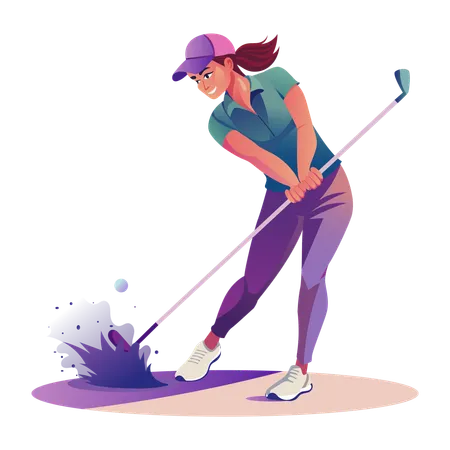 Female golfer finding ball in bushes  Illustration