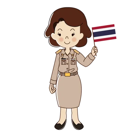 Female government officer is holding Thai flag Illustration
