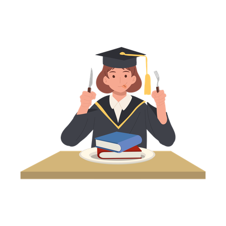 Female Graduate in Academic Gown with Knife and Fork  Illustration