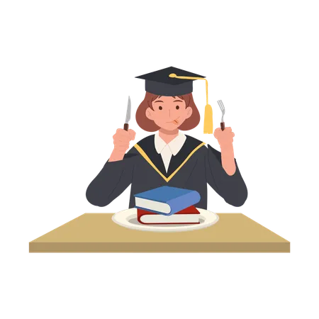 Female Graduate in Academic Gown with Knife and Fork  Illustration