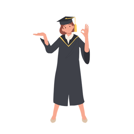 Female Graduate in Cap and Gown Showing OK Gesture  Illustration