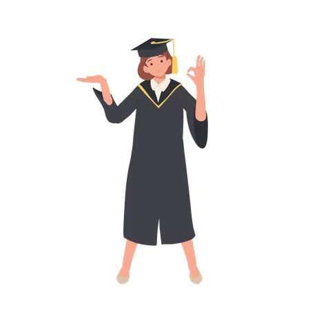 Female Graduate in Cap and Gown Showing OK Gesture  Illustration