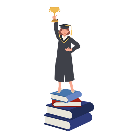 Female Graduate in Gown Holding Trophy on Books  Illustration