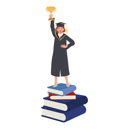 Female Graduate in Gown Holding Trophy on Books  Illustration