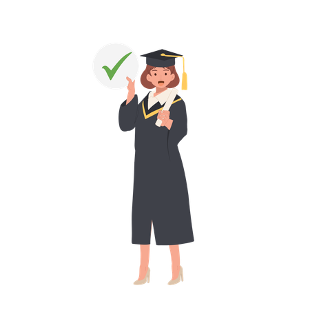 Female graduate in traditional cap and gown with green checkmark sign  Illustration