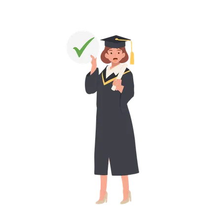 Female graduate in traditional cap and gown with green checkmark sign  Illustration