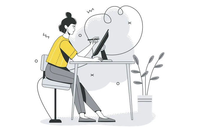 Design Studio Flat Line Concept Woman Illustrator Drawing On Graphics Tablet And Working On Creative Art Project In Office Vector Illustration With Outline People Scene For Web Banner Design Illustration