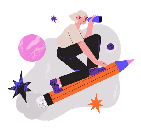 Woman Designer Flying On Pencil Creative Or Educational Process Banner Ad Landing Page Or Poster For Web Design Studio Startup Or Courses Generating Ideas Imagination Inspiration Concept イラスト
