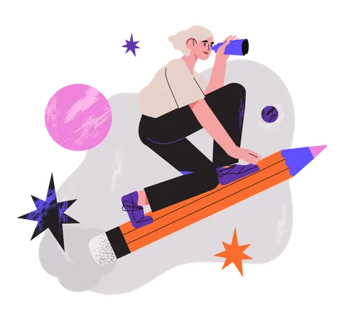 Female Graphic Designer riding on pencil  Illustration