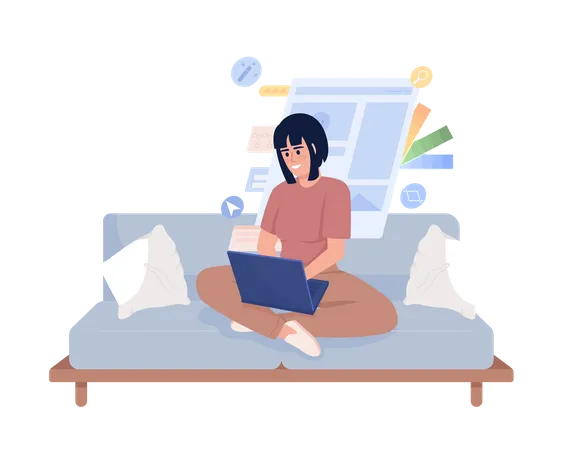Female Graphic Designer Sitting On Couch Semi Flat Color Vector Character Editable Figure Full Body Person On White Simple Cartoon Style Illustration For Web Graphic Design And Animation Illustration