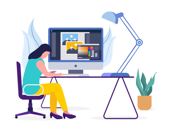 Female Graphic Designer Working on laptop  Illustration