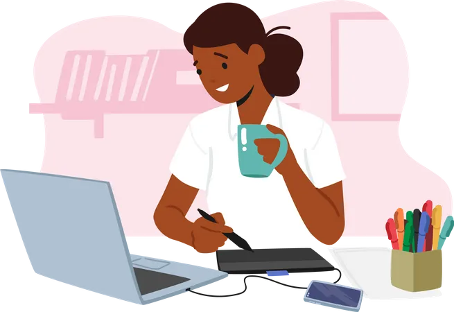 Young Female Character Graphic Designer Seated At Desk Using Computer Making Sketch On Tablet At Workplace Woman With Creative Expression And Focused Look On Face Cartoon People Vector Illustration Illustration
