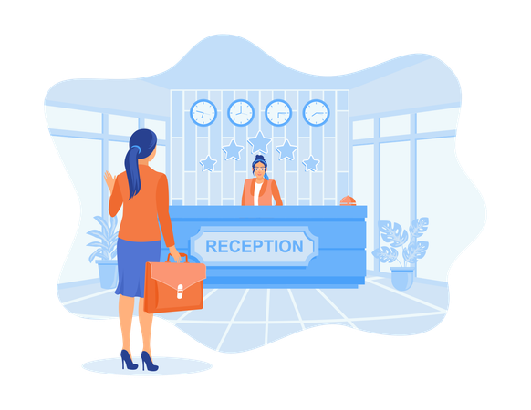 Female guest with briefcase was standing in lobby and receptionist serves guests in friendly manner  Illustration