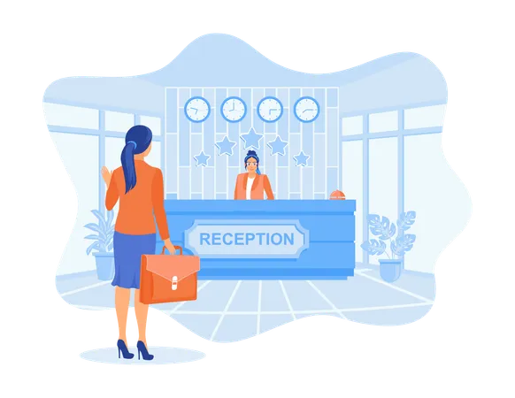 Female guest with briefcase was standing in lobby and receptionist serves guests in friendly manner  Illustration