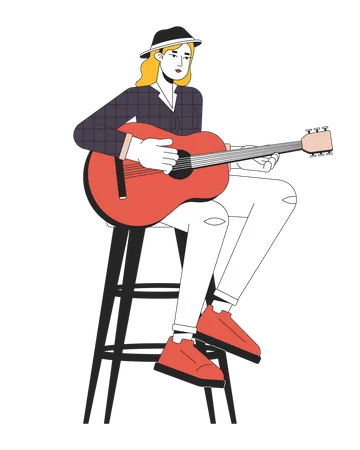 Female Guitarist Playing Country Music Line Cartoon Flat Illustration European Adult Woman Country Singer 2 D Lineart Character Isolated On White Background Music Performer Scene Vector Color Image Illustration
