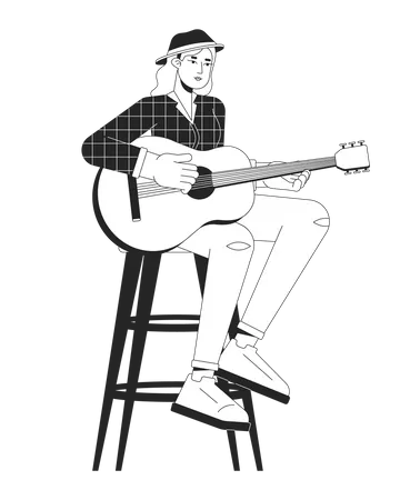 Female Guitarist Playing Country Music Black And White Cartoon Flat Illustration European Woman Country Singer 2 D Lineart Character Isolated Music Performer Monochrome Scene Vector Outline Image Illustration
