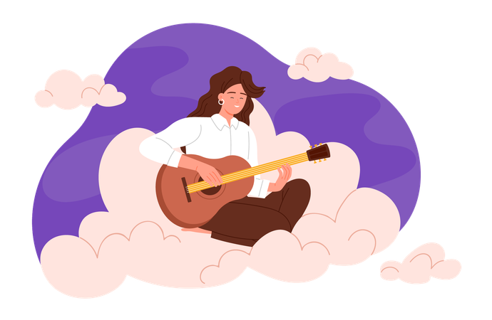 Female guitarist sitting on clouds with good vibe of music  Illustration