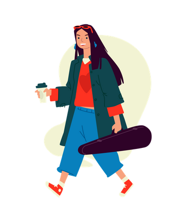 Female guitarist walking with coffee cup  Illustration