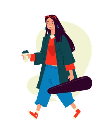 Female guitarist walking with coffee cup  Illustration