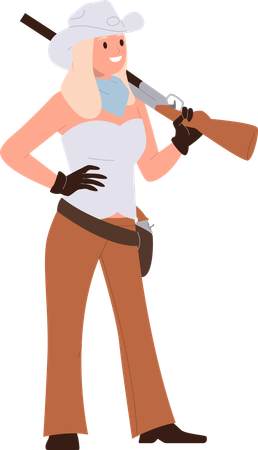 Female gunslinger young cowwoman holding rifle on shoulder  일러스트레이션