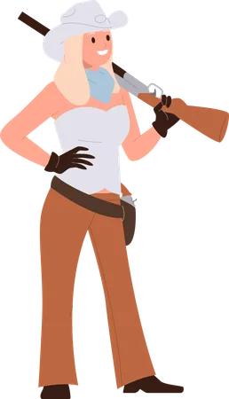 Female Gunslinger Young Cowwoman Cartoon Character Wearing Old Fashioned Clothing Holding Rifle Weapon On Shoulder Isolated On White Wild West Adventure Country Culture Vector Illustration Illustration