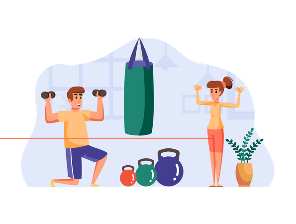 Female gym trainer giving instruction to male client Illustration