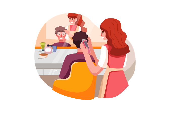 Female hairstylist cutting hair of male customer  Illustration