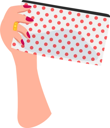 Female hand holding dotted cosmetic bag  Illustration
