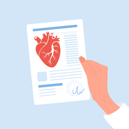 Female hand holding result of examine heart  Illustration