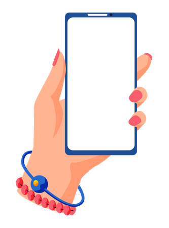 Female hand holding smartphone and touching screen. Flat vector illustration phone with blank screen  Illustration