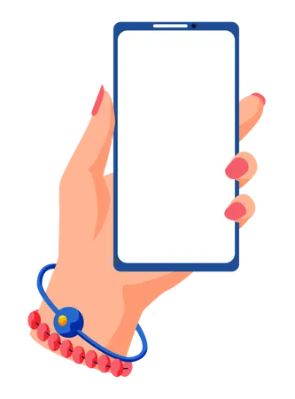 Female hand holding smartphone and touching screen. Flat vector illustration phone with blank screen  Illustration