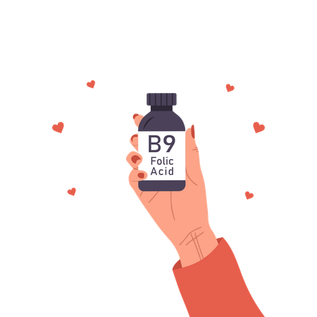 Female Hand Holding Vitamin B9 Supplements For Pregnant  Illustration