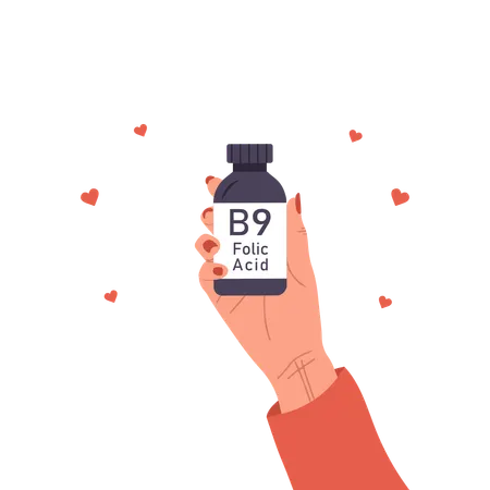 Female Hand Holding Vitamin B9 Supplements For Pregnant  Illustration