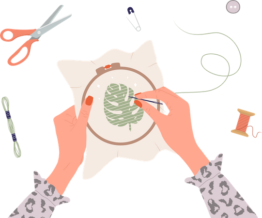 Female hands with needle and thread Illustration