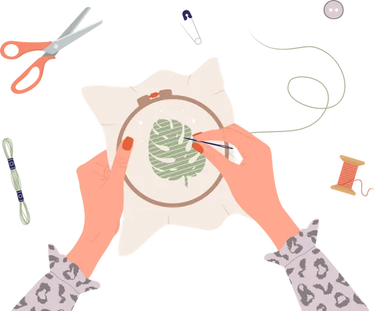 Female hands with needle and thread  Illustration